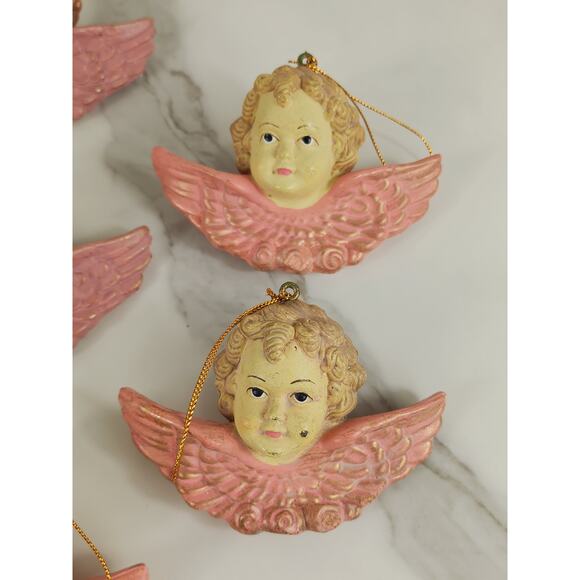 Cherubs Christmas Tree Ornaments Baroque Angels 4 1/2" Pink 80s Blow Mold x7 - Picture 4 of 12